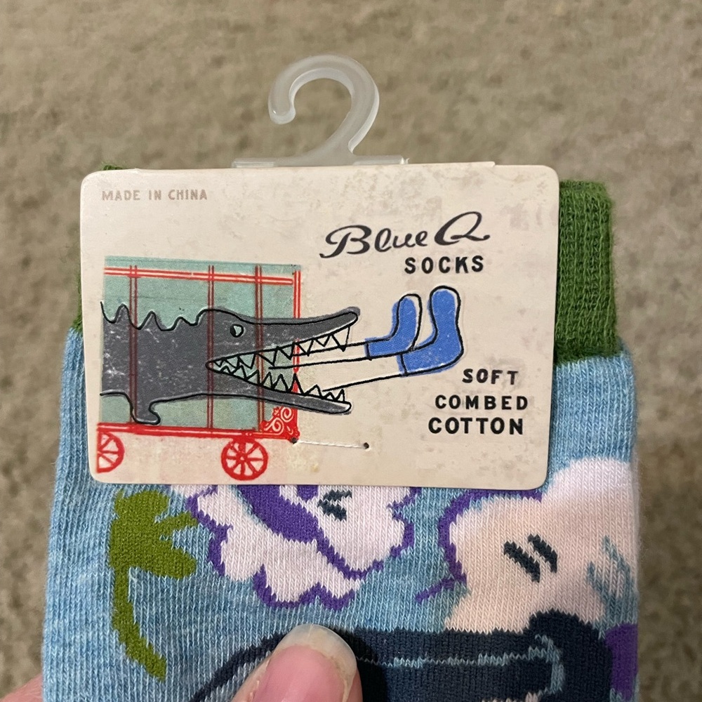Blue Q Casual Socks in Blue and Green with Vibrant Floral Patterns